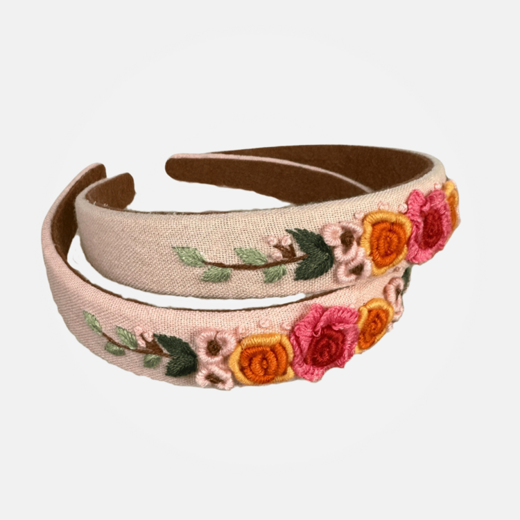 Quince Fables Floral Embroidered Elena Headband (Fuchsia/Orange)
