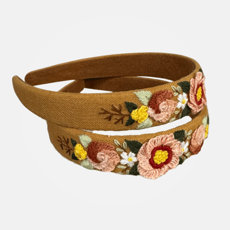 Quince Fables 3D Floral Embroidered Brianna Headband (Camel)