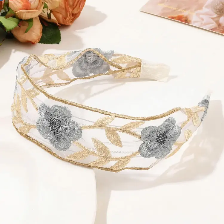 Mesh Embroidered Flower Headband (Grey)