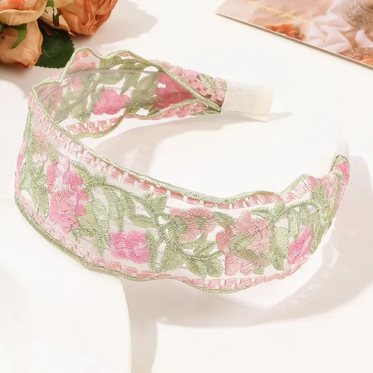 Mesh Embroidered Flower Headband (Green)