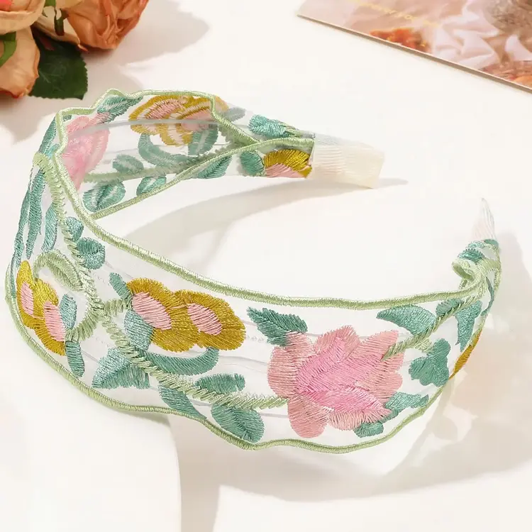 Mesh Embroidered Flower Headband (Dark Green)