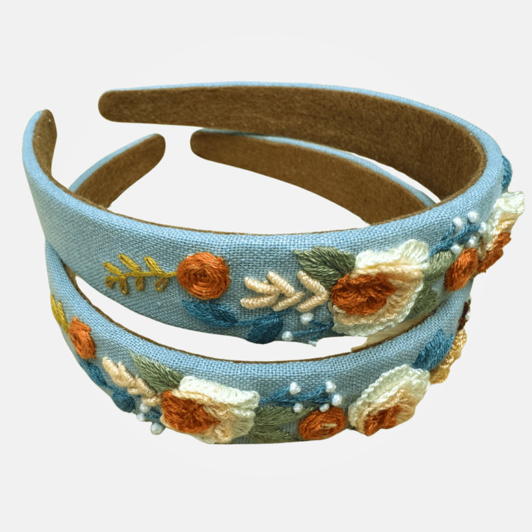 Quince Fables 3D Floral Embroidered Claire Headband (Light Blue)