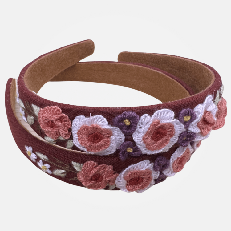 Quince Fables 3D Floral Embroidered Claire Headband (Maroon)