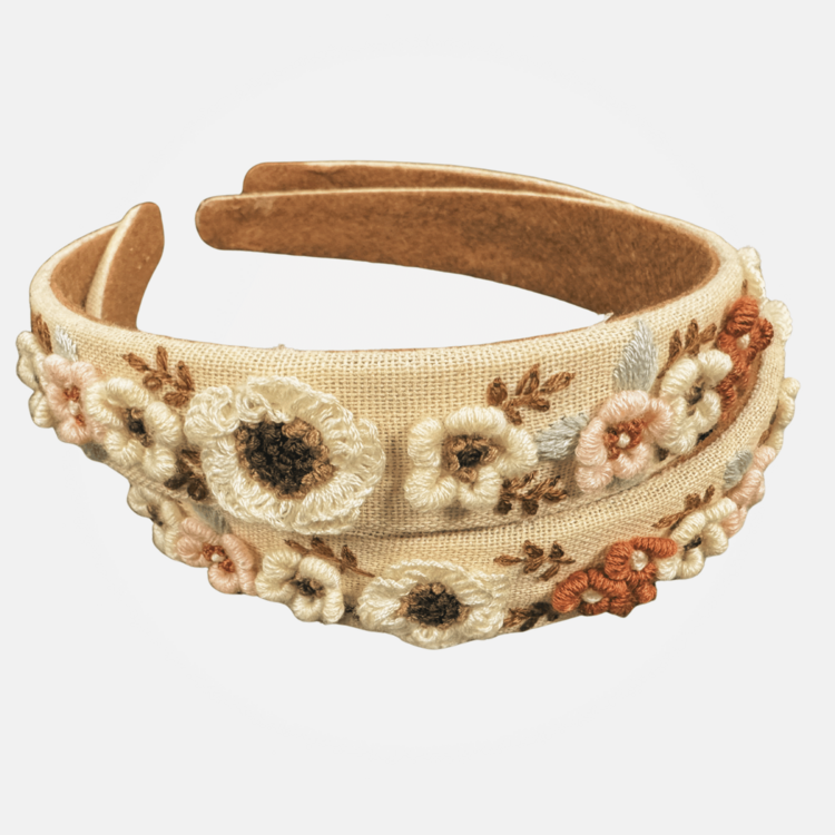 Quince Fables 3D Floral Embroidered Claire Headband (Tan)