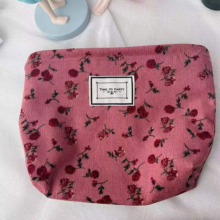 Vintage Floral Corduroy Accessory Bag (Red)