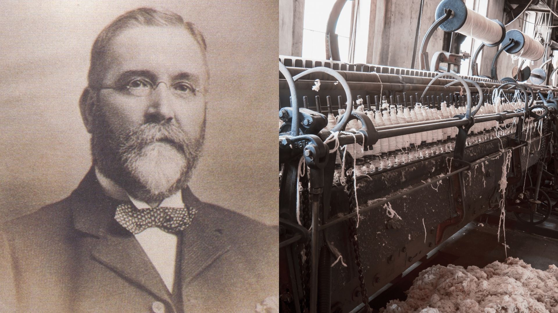 Historic portrait of a Sirdar founder beside vintage yarn-spinning machinery