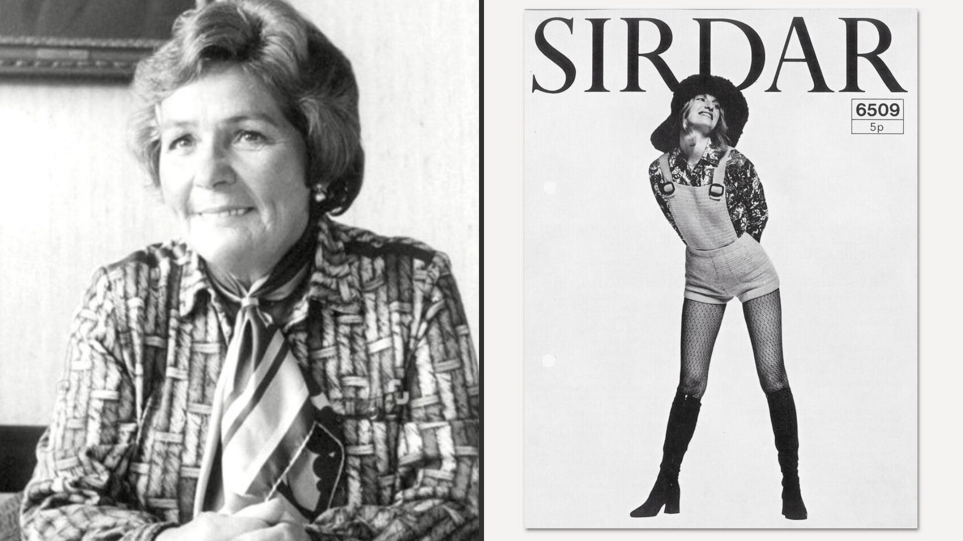 Jean Tyrell beside a vintage Sirdar knitting pattern