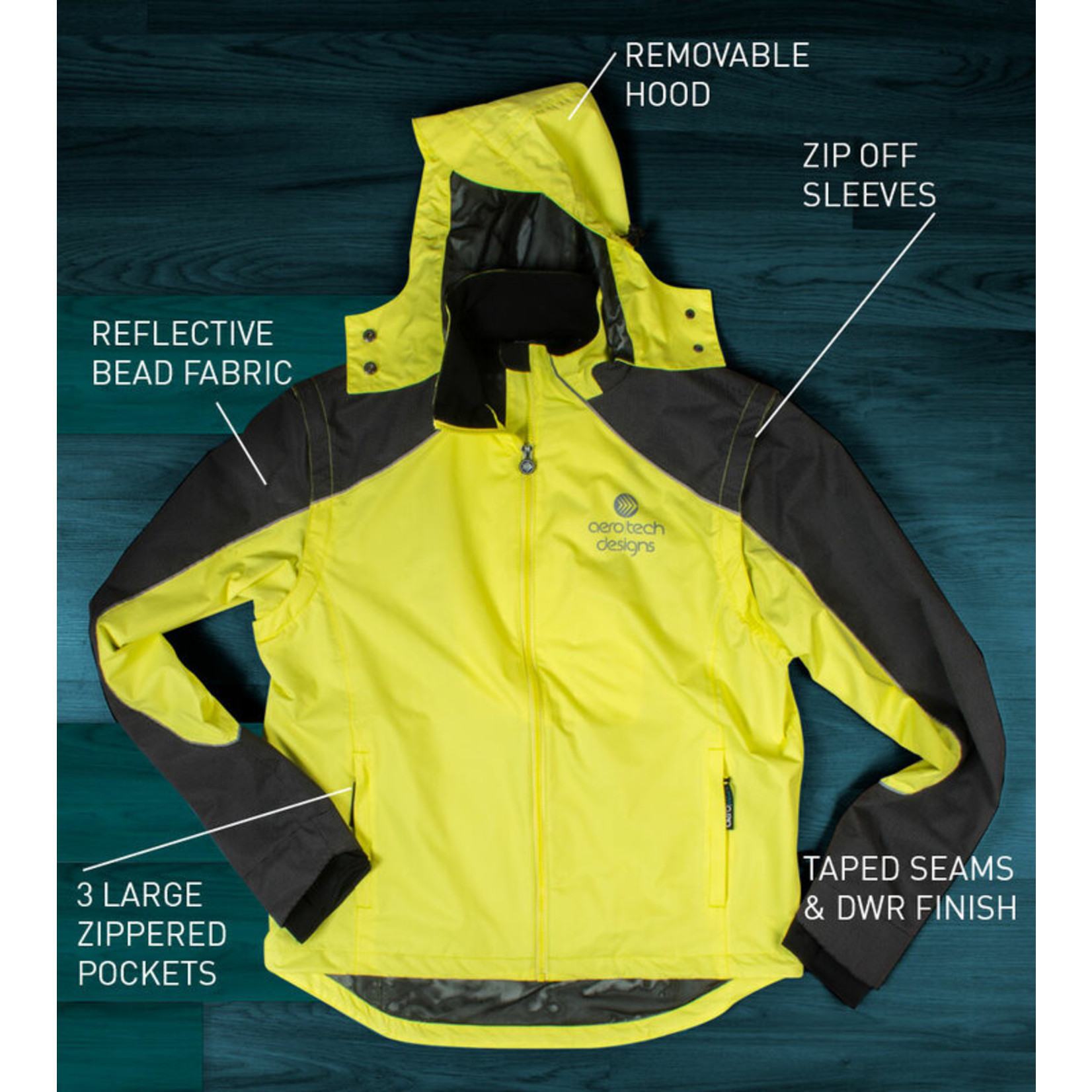 Aero Tech Men's Aero Reflective Cycling Rain Coat - Waterproof Jacket with Zip-Off Sleeves