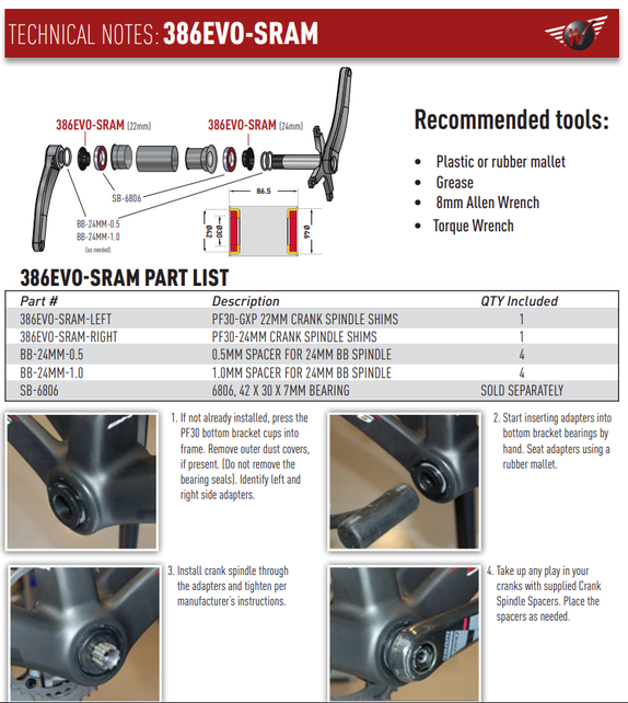 Wheels Mfg Bottom Bracket Adapter - 386EVO Adapter for 22/24mm Spindle Cranks (SRAM/TruVativ)