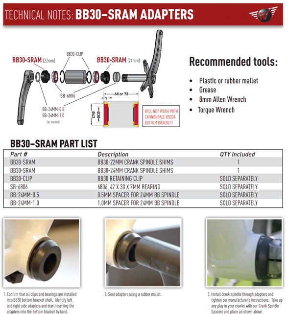 Wheels Mfg Bottom Bracket Adapter - BB30 Adapter for 22/24mm Spindle Cranks (SRAM/TruVativ)
