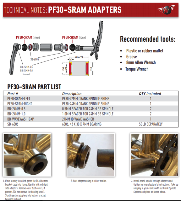 Wheels Mfg Bottom Bracket Adapter - PF30 Adapter for 22/24mm Spindle Cranks (SRAM/TruVativ) Wheels Mfg Bottom Bracket Adapter - PF30 Adapter for 22/24mm Spindle Cranks (SRAM/TruVativ)