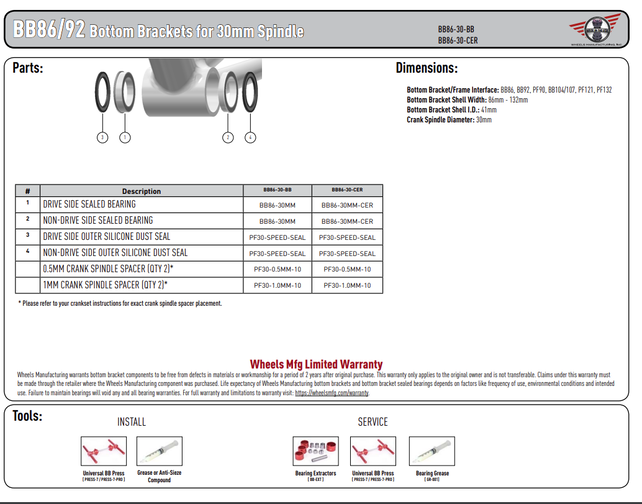 Wheels Mfg Bottom Bracket - BB86 To 30MM ABEC-3 Sealed Bearing