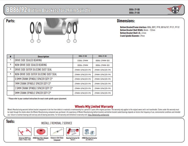 Wheels Mfg Bottom Bracket - BB86 to 29MM (DUB Compatible) Kit for PressFit 86/92 Bottom Bracket with Flanged, Dual Row Black Oxide Sealed Bearings Wheels Mfg Bottom Bracket - BB86 to 29MM (DUB Compatible) Kit for PressFit 86/92 Bottom Bracket with Flanged, Dual Row Black Oxide Sealed Bearings