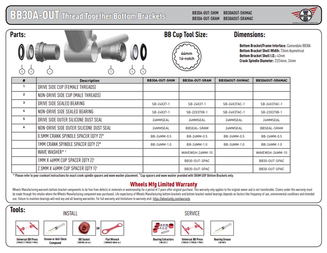 Wheels Manufacturing BB30A Frame to GXP Spindle Outboard Thread Together Bottom Bracket Black