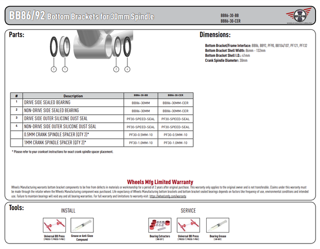 Wheels Mfg Bottom Bracket - BB86 to 30MM Flanged, Dual Row PressFit 86/92 ABEC-3 Bottom Bracket
