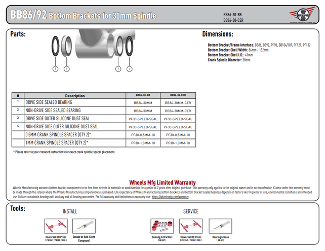 Wheels Mfg Bottom Bracket - BB86 to 30MM Flanged, Dual Row PressFit 86/92 Ceramic Bottom Bracket