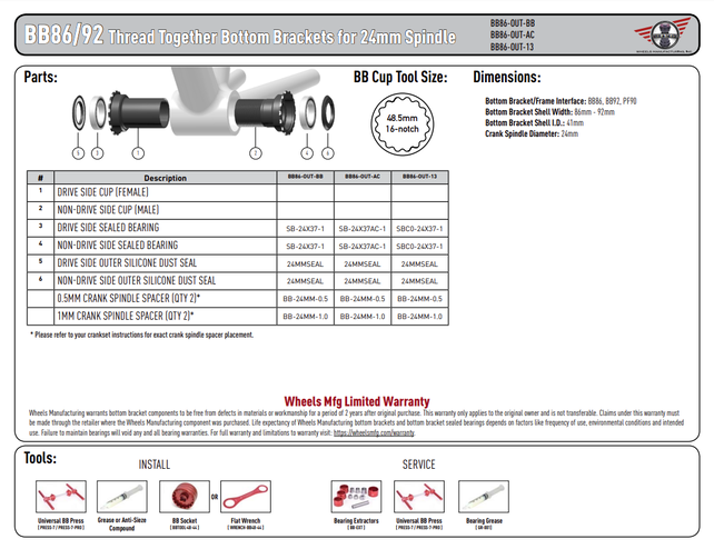 Wheels Mfg Bottom Bracket - BB86/92 Thread Together ABEC-3 BB for 24mm (Shimano) Cranks
