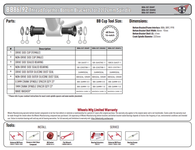 Wheels Mfg Bottom Bracket - BB86/92 Thread Together Angular Contact BB for 24/22mm (SRAM) Cranks Wheels Mfg Bottom Bracket - BB86/92 Thread Together Angular Contact BB for 24/22mm (SRAM) Cranks