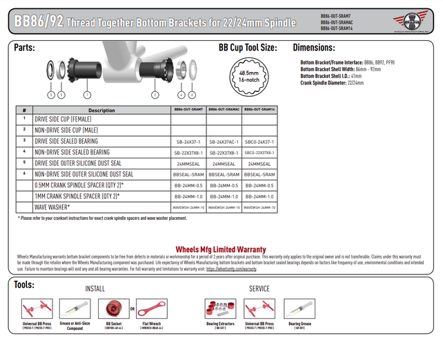 Wheels Mfg Bottom Bracket - BB86/92 Thread Together ZERO Ceramic BB for 24/22mm (SRAM) Cranks Wheels Mfg Bottom Bracket - BB86/92 Thread Together ZERO Ceramic BB for 24/22mm (SRAM) Cranks