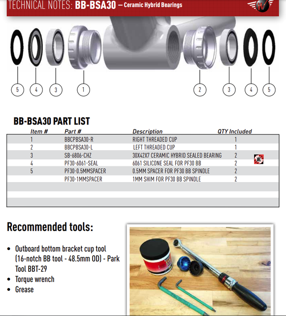 Wheels Mfg Bottom Bracket - BSA Threaded to 30mm Ceramic Hybrid BB