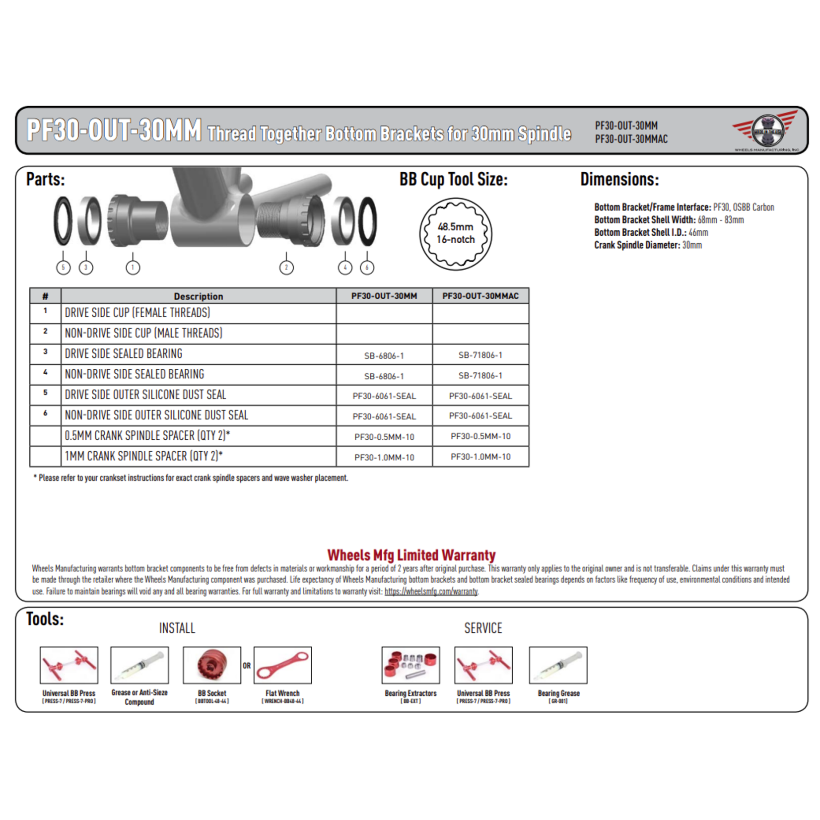 Wheels Manufacturing Wheels Mfg Bottom Bracket - PF30 OUT, 30mm, Angular Contact