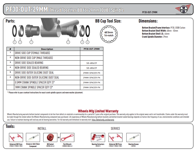 Wheels Manufacturing PressFit 30 Outboard Bottom Bracket: 29mm Bearing ID for SRAM DUB ABEC-3 Bearings Black Cups