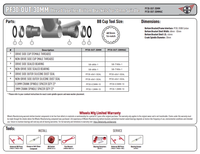Wheels Manufacturing PF30 Outboard Bottom Bracket - For 30mm Spindle ABEC-3 Bearings PressFit Thread Together Black