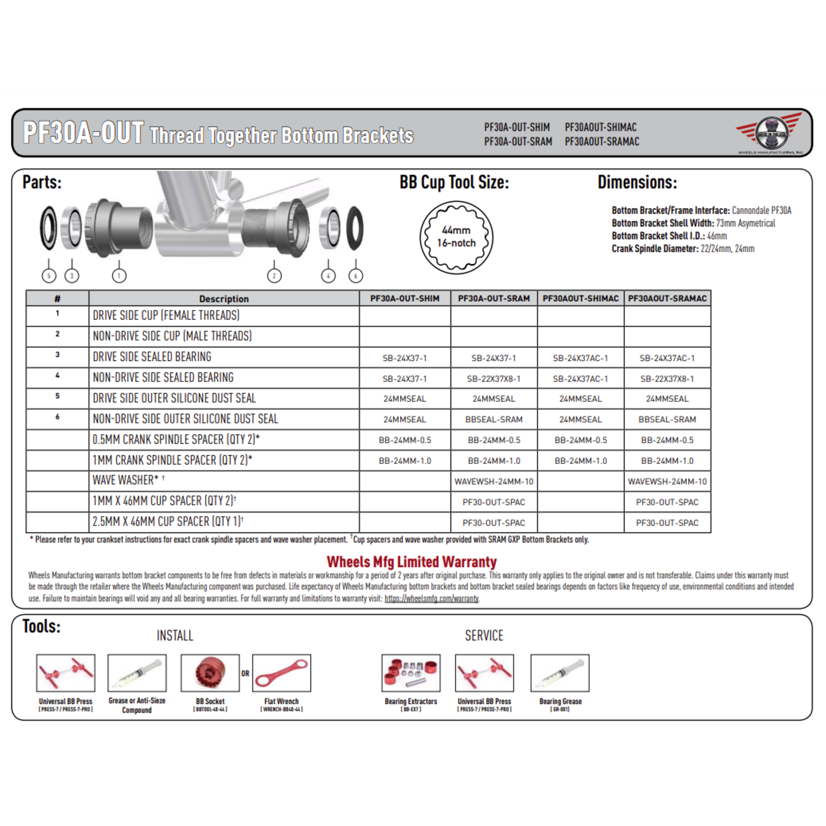 Wheels Manufacturing Wheels Mfg Bottom Bracket - PF30A Outboard ABEC-3 BB for 29mm SRAM DUB Compatible Cranks