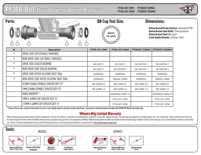 Wheels Manufacturing PF30A Thread-Together Bottom Bracket - DUB Spindle ABEC-3 Bearing Black