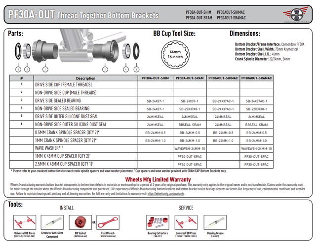 Wheels Mfg Bottom Bracket - PF30A, 30mm, ABEC-3