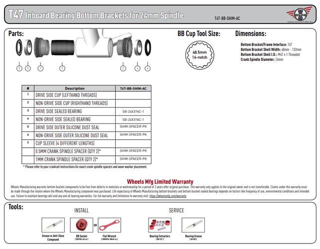 Wheels Manufacturing T47 Inboard Bottom Bracket for 24mm Spindles with ABEC-3 Bearings