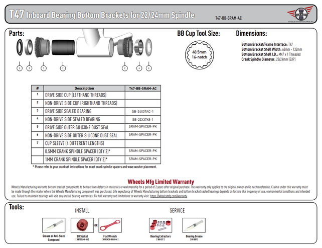 Wheels Mfg Bottom Bracket - T47 Angular Contact BB for 24/22mm (SRAM) Cranks