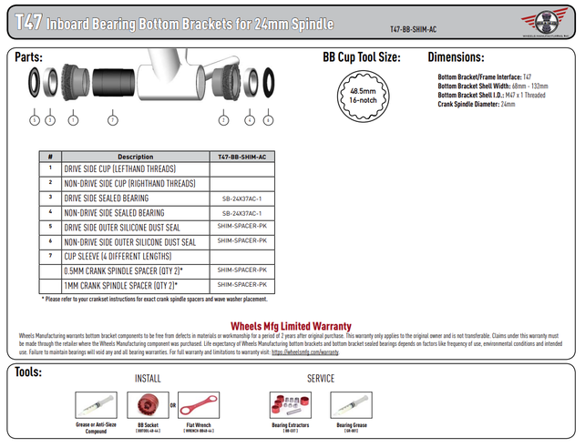 Wheels Manufacturing T47 Inboard Bottom Bracket with Angular Contact Bearings for 24mm (Shimano) Spindles