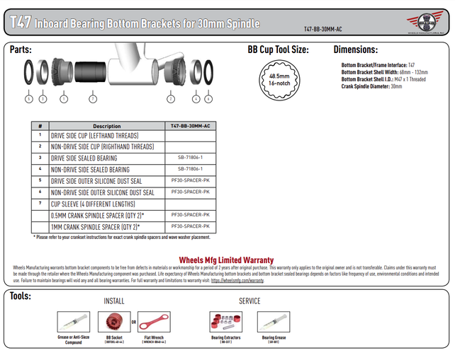 Wheels Manufacturing T47 Inboard Bottom Bracket with Angular Contact Bearings for 30mm Spindles Fits B.B. shells 68mm to 132mm