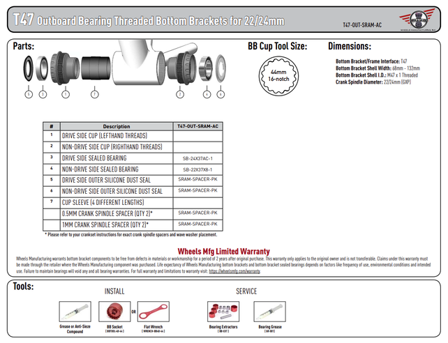 Wheels Mfg Bottom Bracket - T47 Outboard ABEC-3 BB for 24/22mm (SRAM) Cranks