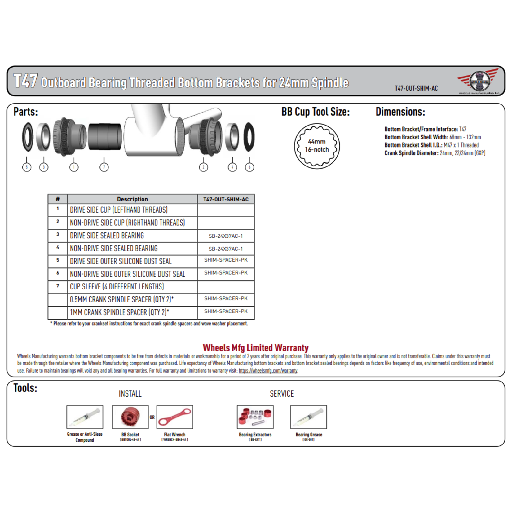 Wheels Manufacturing Wheels Mfg Bottom Bracket - T47 Outboard ABEC-3 BB for 24mm (Shimano) Cranks