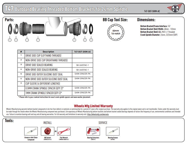 Wheels Mfg Bottom Bracket - T47 Outboard ABEC-3 BB for 24mm (Shimano) Cranks Wheels Mfg Bottom Bracket - T47 Outboard ABEC-3 BB for 24mm (Shimano) Cranks