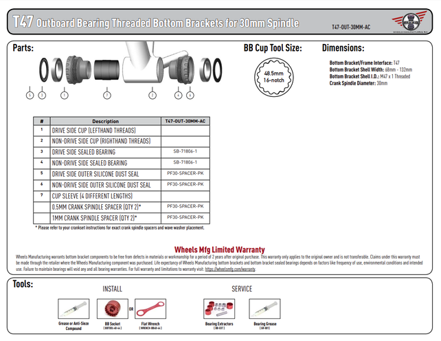 Wheels Manufacturing T47 Outboard Bottom Bracket - For 30mm Spindle ABEC-3 Bearings Fits Frames with 68mm-100mm BB Shells Black