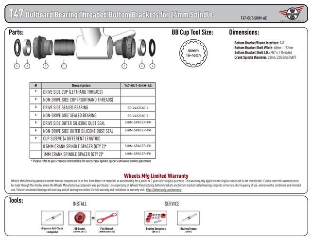 Wheels Mfg Bottom Bracket - T47 Outboard Angular Contact BB for 24mm (Shimano) Cranks