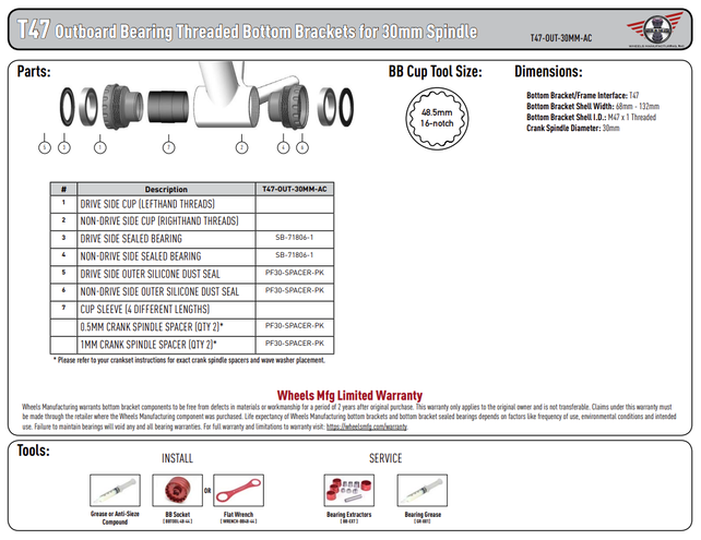 Wheels Mfg Bottom Bracket - T47 Outboard Angular Contact BB for 30mm Cranks Wheels Mfg Bottom Bracket - T47 Outboard Angular Contact BB for 30mm Cranks