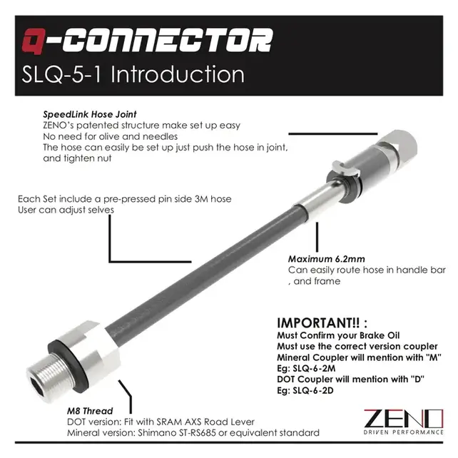 Q-CONNECTOR BICYCLE BRAKE HYDRAULIC COUPLER FOR M8 DROP BAR EXTEND TUBE - SRAM AXS / SHIMANO ST-RS685 OR EQUIVALENT