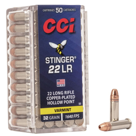 CCI Stinger 22LR 32 GR Copper Plated Hollow Point Ammo