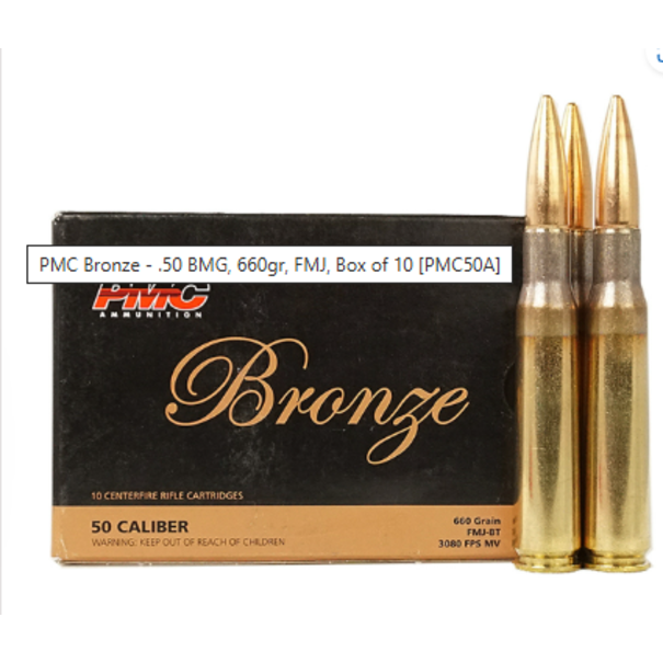 PMC PMC Bronze 50 BMG 660 gr FMJ Ammo 10ct