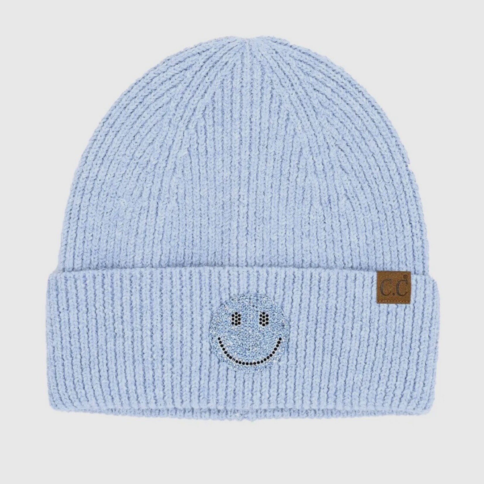 Happy Face Rhinestone Patch Beanie (Blue)