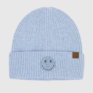 Happy Face Rhinestone Patch Beanie (Blue)