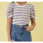 Hayden Girls Stripe Ribbed Knit Puff Shoulder Top - Lavender Stripe