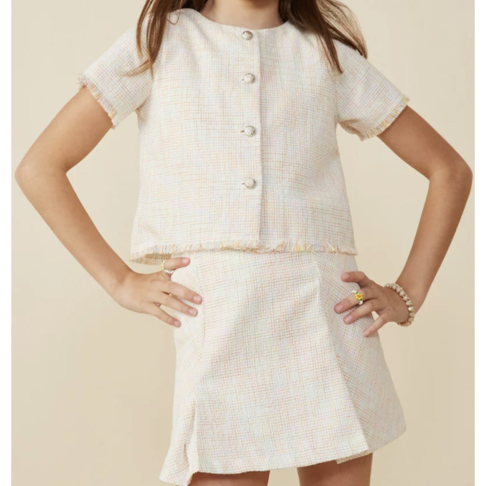Hayden Girls Statement Button Frayed Tweed Skirt Set