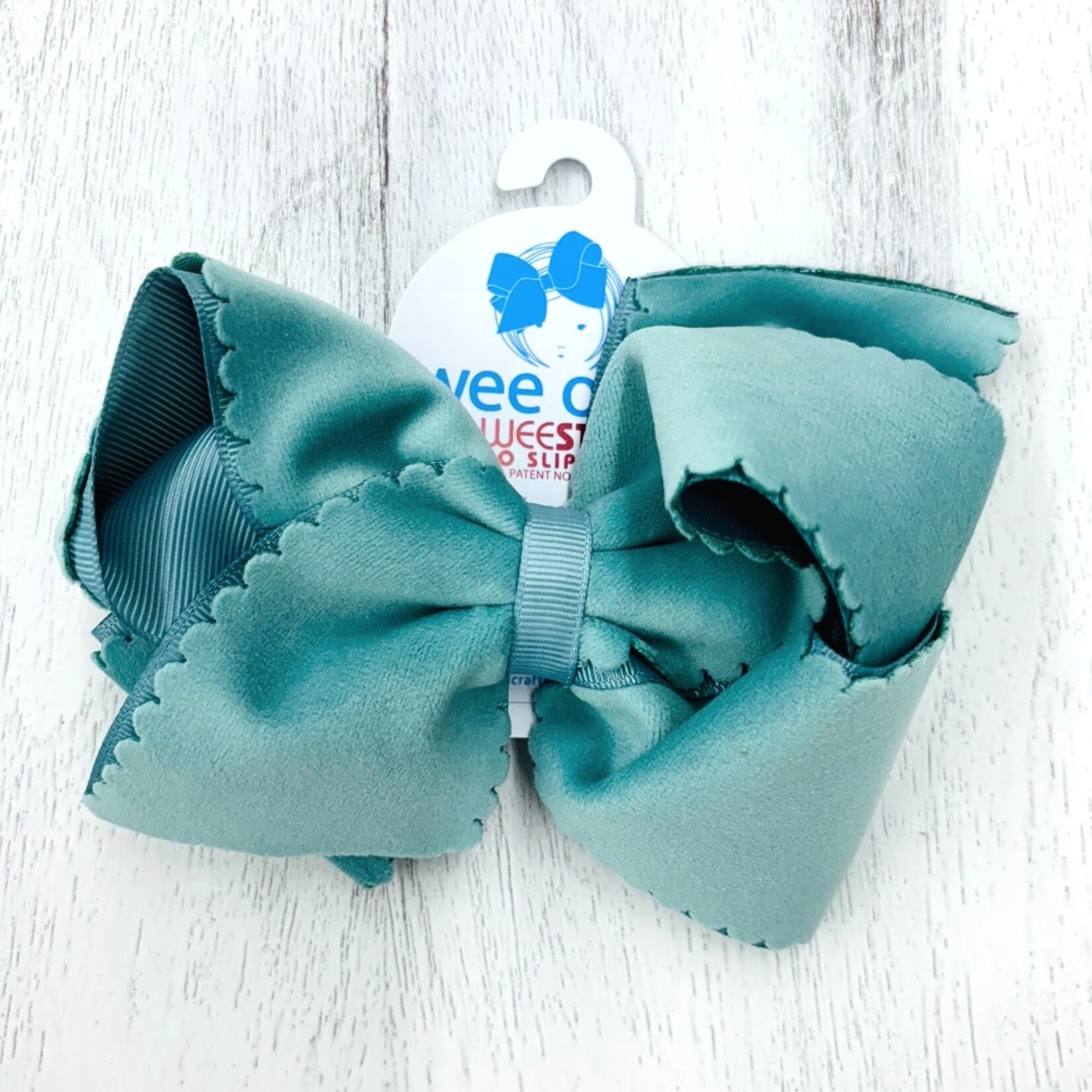 Wee Ones Small King Scalloped Edge Faux Velvet Overlay Bow - NILE BLUE