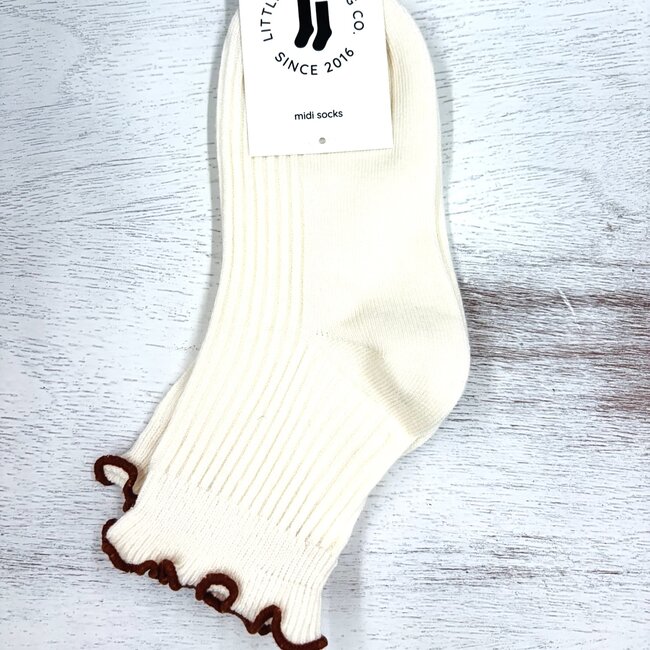 Little Stocking Co. Ribbed Lettuce Trim Midi Socks - Ivory/Sugar Almond