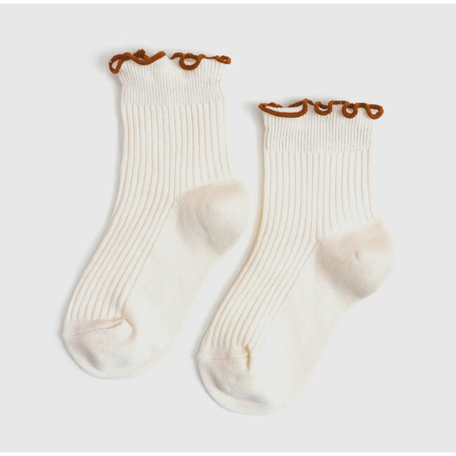 Little Stocking Co. Ribbed Lettuce Trim Midi Socks - Ivory/Sugar Almond
